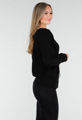 Zwarte Cardigan met Witte Striksluiting en Lange Mouwen
