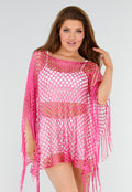 Fuchsia Netstof Cover-Up met Franjes en Open Ruitpatroon