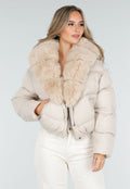 Beige Pufferjas met Bontkraag en Drukknopen