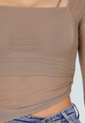Bruine Asymmetrische Mesh Top met Lange Mouwen en Pads
