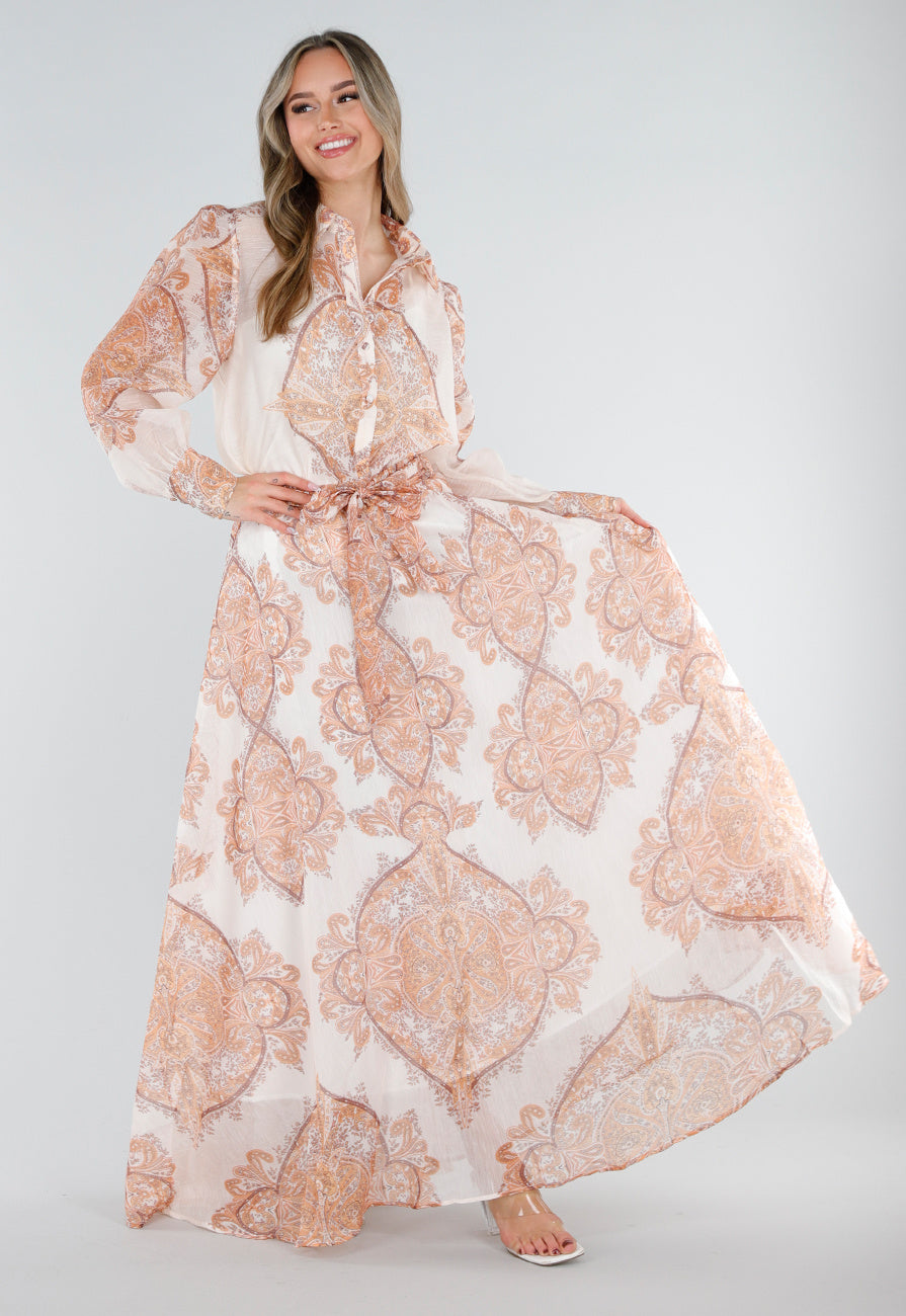 Oranje Blouse met Paisley Print en Lange Mouwen