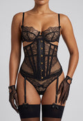 Zwart Kanten Lingerie Set met Korset en Jarretels