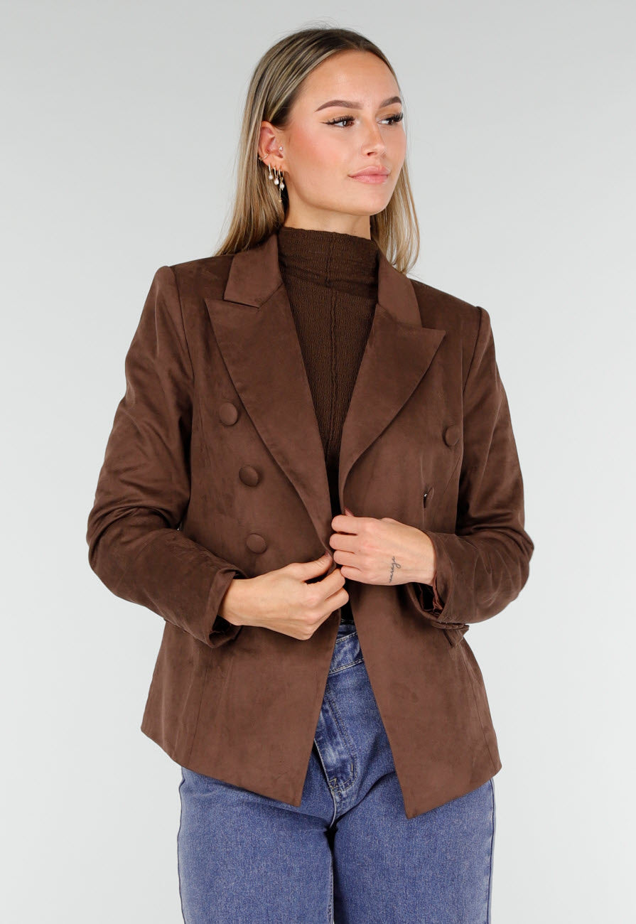Bruine Stretch Suede Double Breasted Blazer