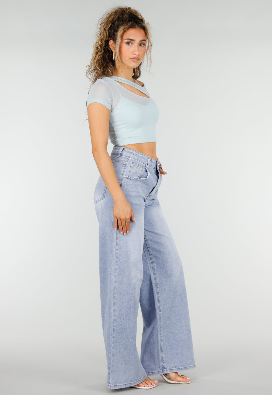 Lichtblauwe Denim Wide Leg Jeans met Hoge Taille