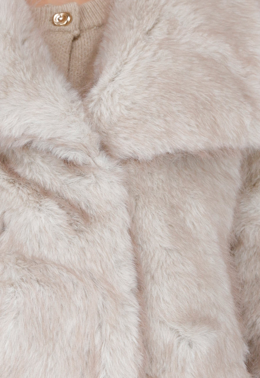 Beige Bontjas Jas met Grote Kraag en Steekzakken