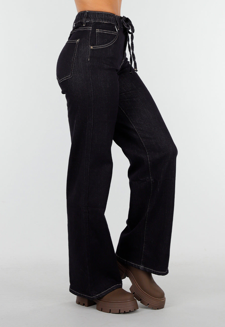 Redial Jeans  Donkerblauwe Wide Leg Jeans met Elastische Taille en Strikkoord