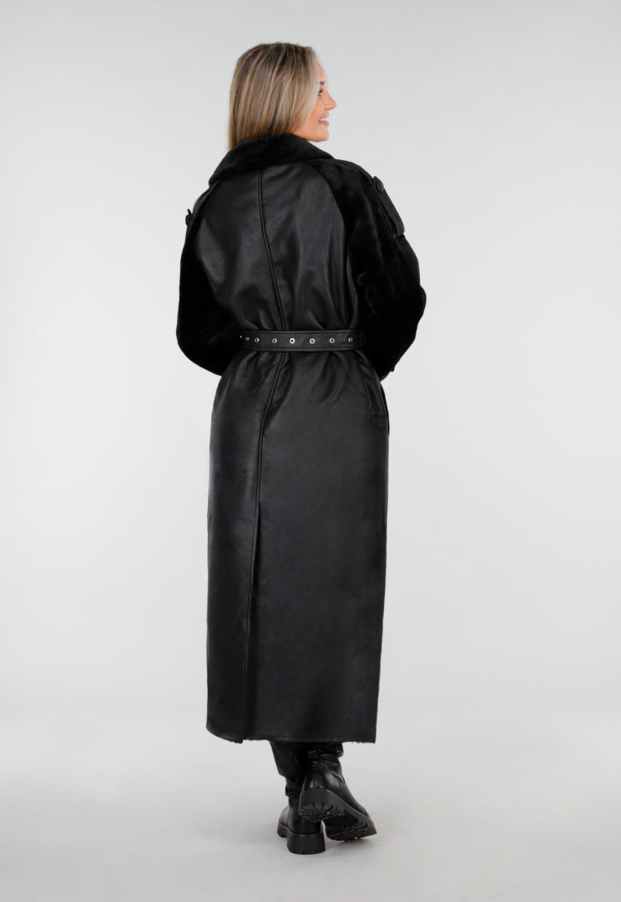 Zwarte Lange Trenchcoat van Imitatieleer met Ceintuur