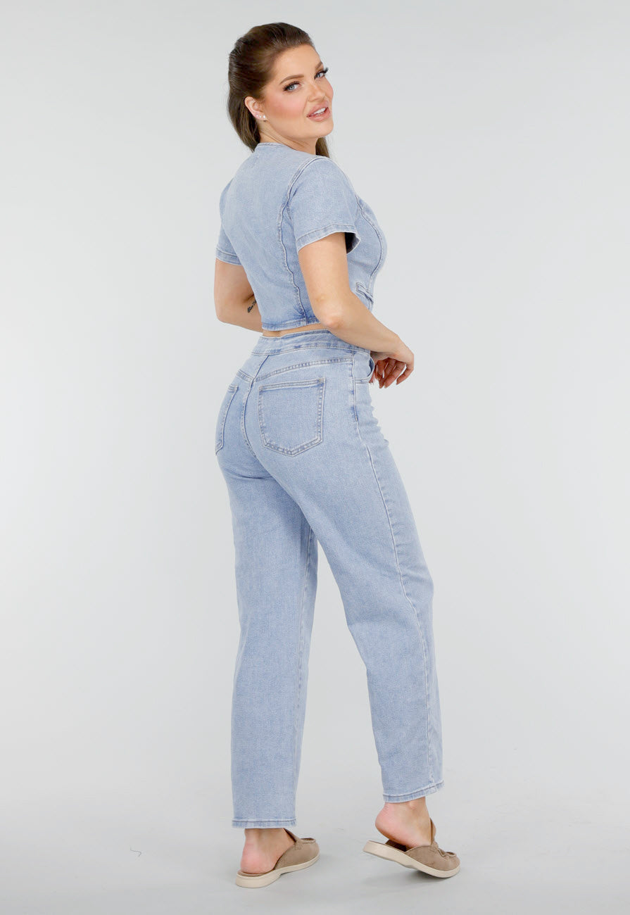 Redial Jeans  Petite Denim Jumpsuit met Cut-outs, Korte Mouwen  en Knopen