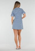 Lichtblauwe Denim Blousejurk met Korte Mouwen en Knoopsluiting