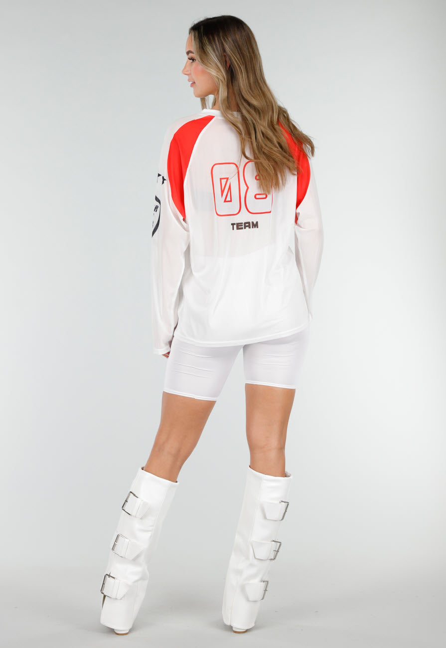 Witte  Mesh Jersey Top met Lange Mouwen