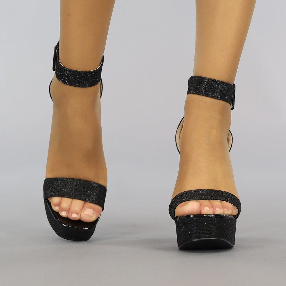 Zwarte Glitter Plateau Sandaletten met Open Teen