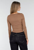 Taupe Stretch Top met Plooitjes en Lange Mouwen