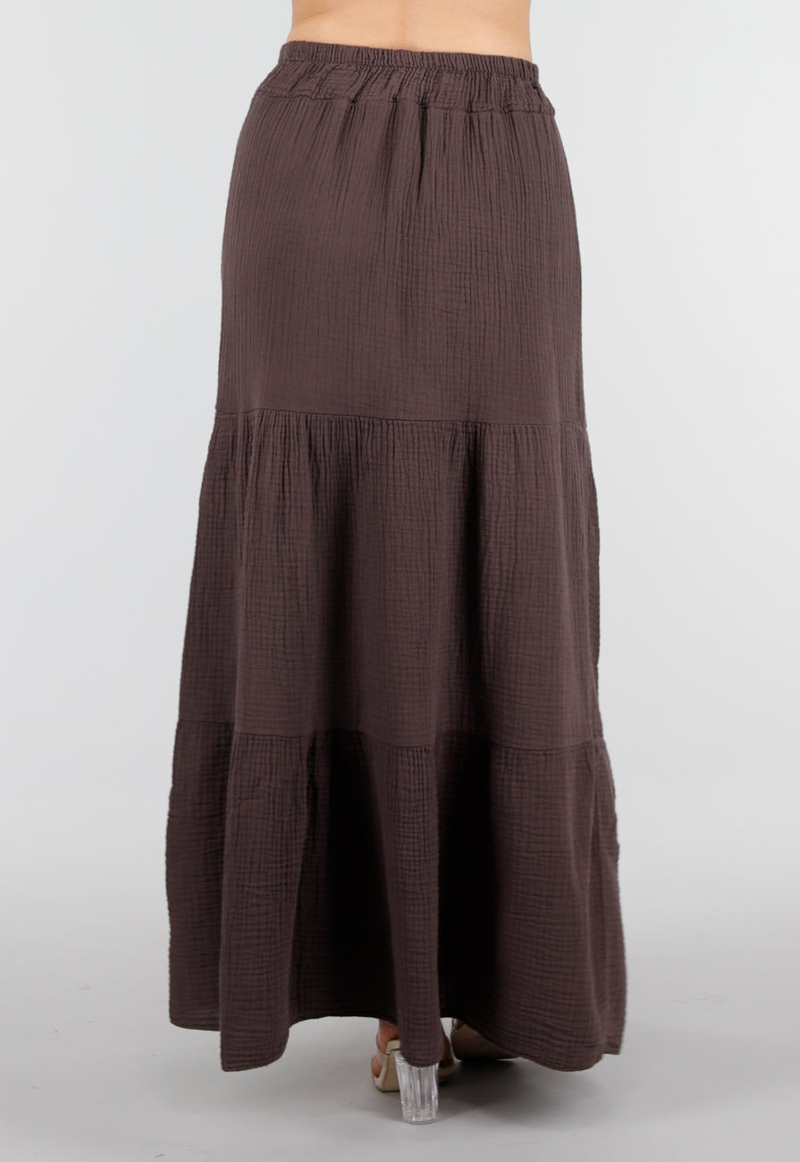 Bruine Mousseline Maxi Rok met Elastische Taille