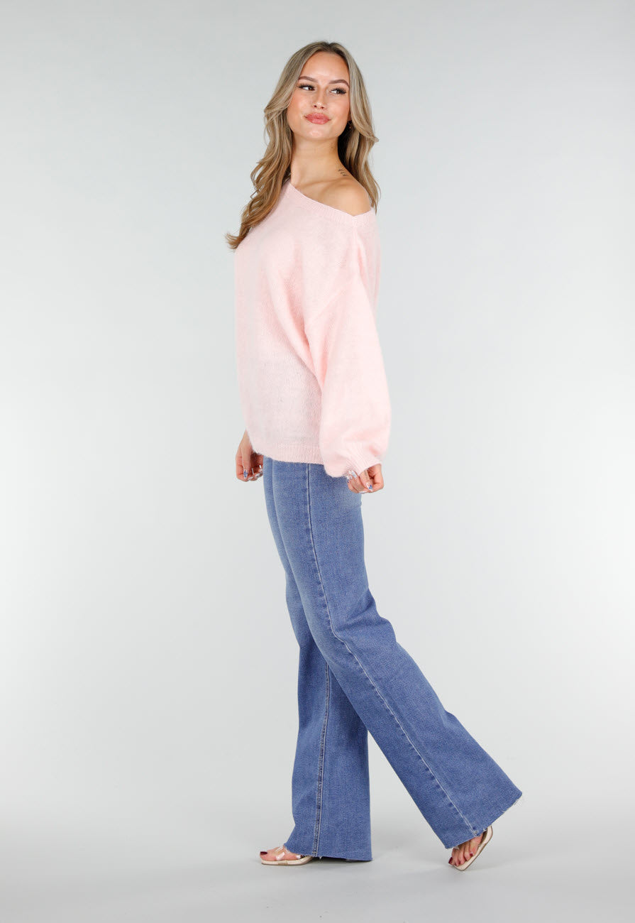 Roze One Shoulder Trui met Wijde Mouwen in Zachte Stof