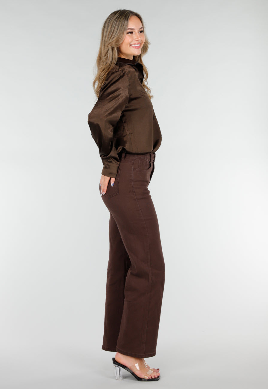 Bruine Satijnen Blouse met Lange Mouwen en Knoopsluiting