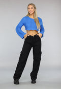 Blauw Golvend Cropped Truitje met Trompet Mouwen