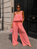 Roze Oranje Gestreepte Tweedelige Set met Wide Leg Broek