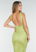 Groene Lange Glitter Jurk met Strass Steentjes en Lage Rug