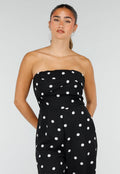Zwarte Bandeau Jumpsuit met Witte Stippenprint en Wide Leg