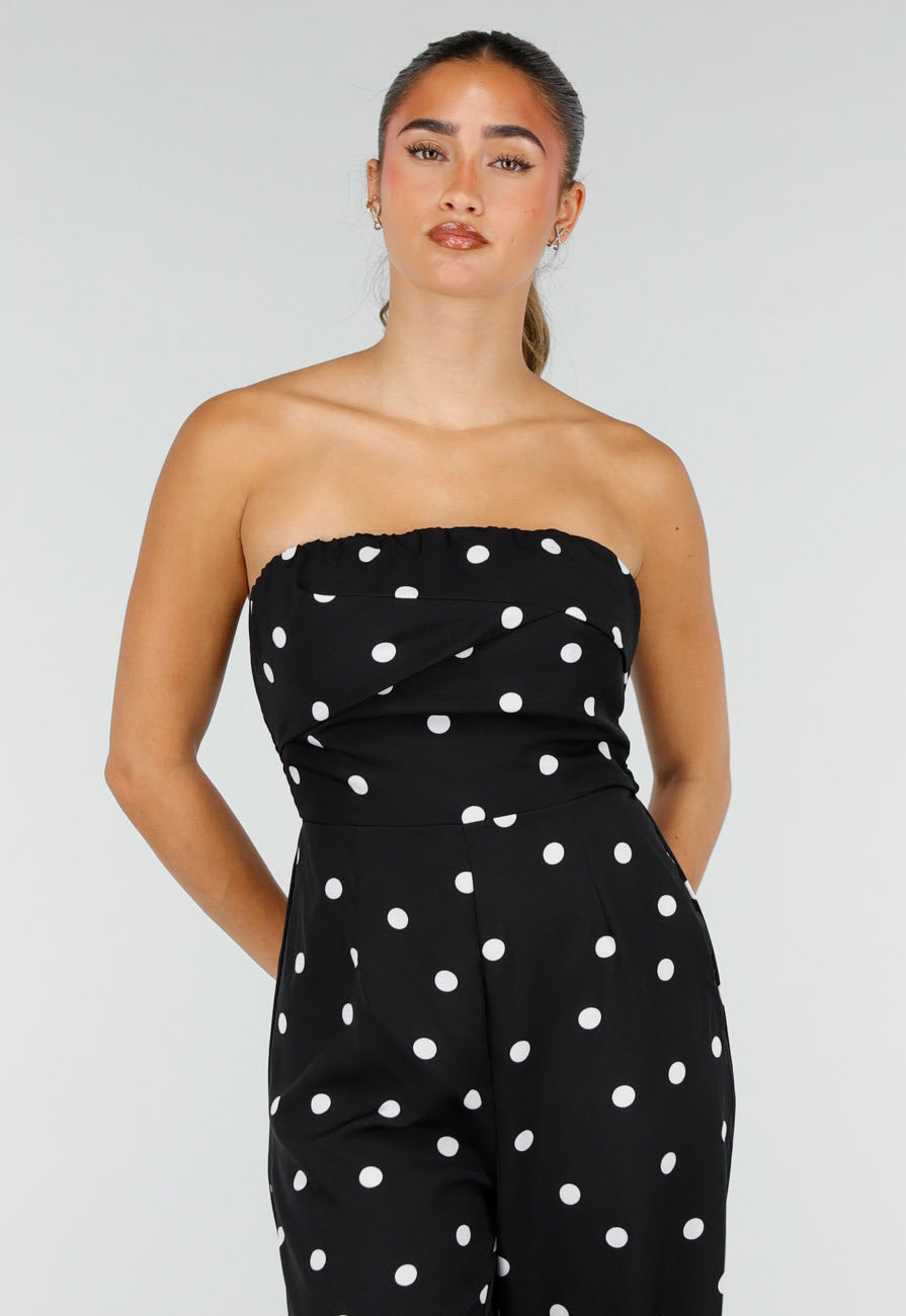 Zwarte Bandeau Jumpsuit met Witte Stippenprint en Wide Leg