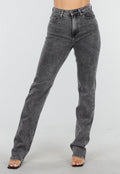 Grijze High Waist Straight Leg Stretch Jeans met Subtiele Wassing