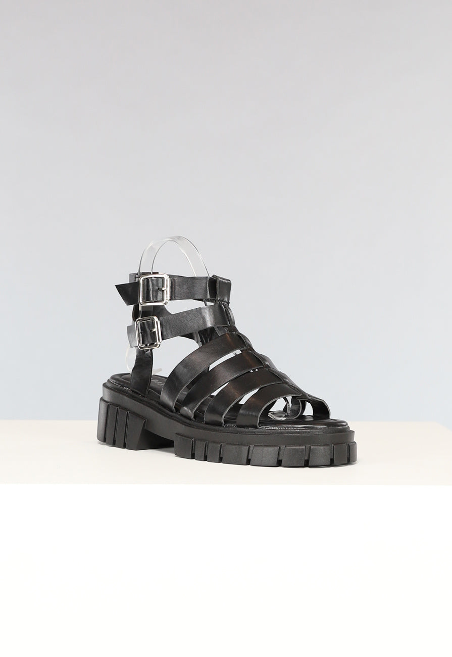 Zwarte Lederlook Sandalen met Grove Zool