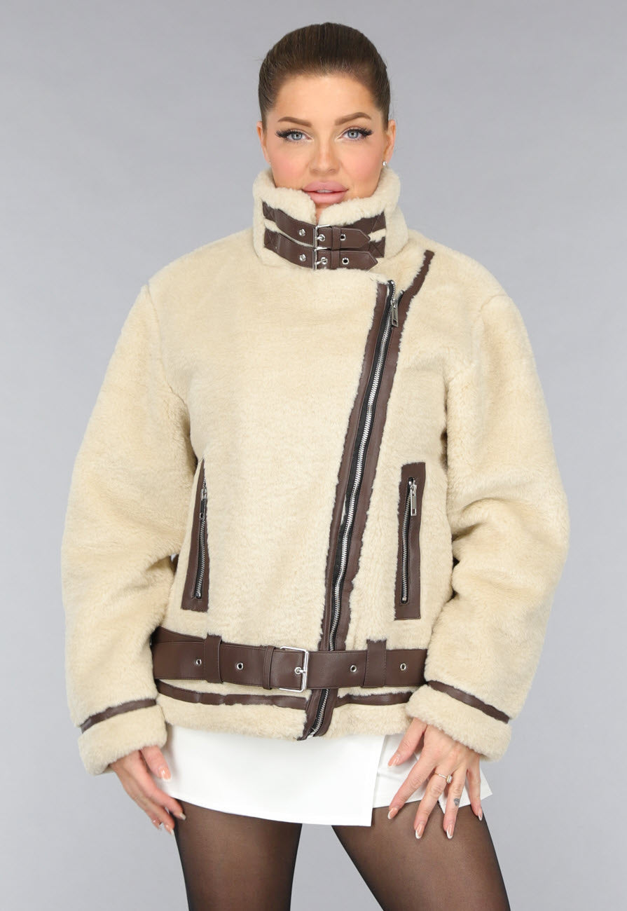 Beige Zachte Tussenjas met Bruine Details