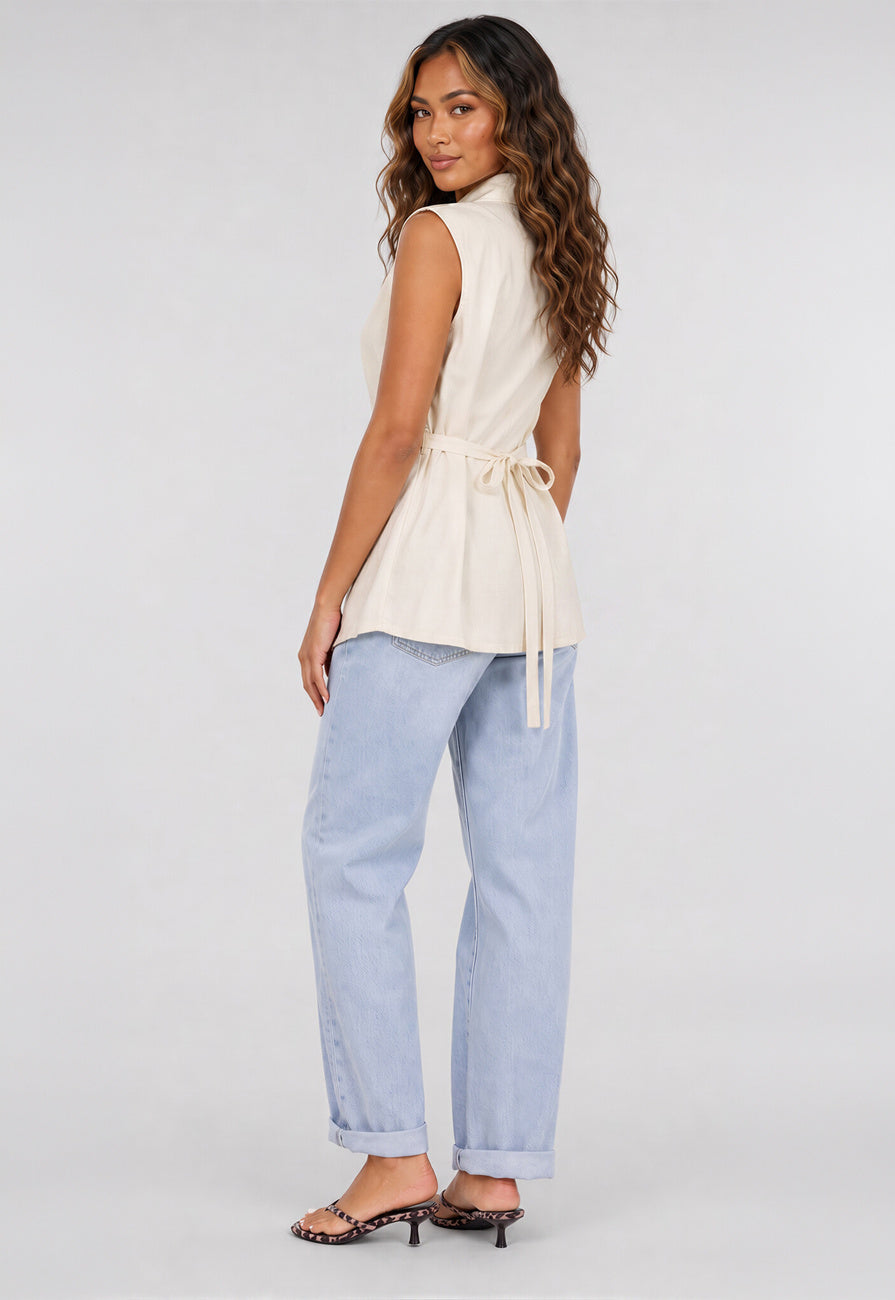 Lichtbeige Mouwloos Gilet met Revers en Tailleriem