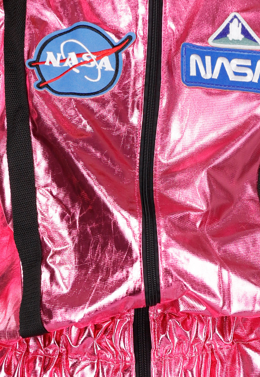 Roze Metallic Astronaut Jumpsuit met Patches, Zwarte Accenten en Elastische Manchetten