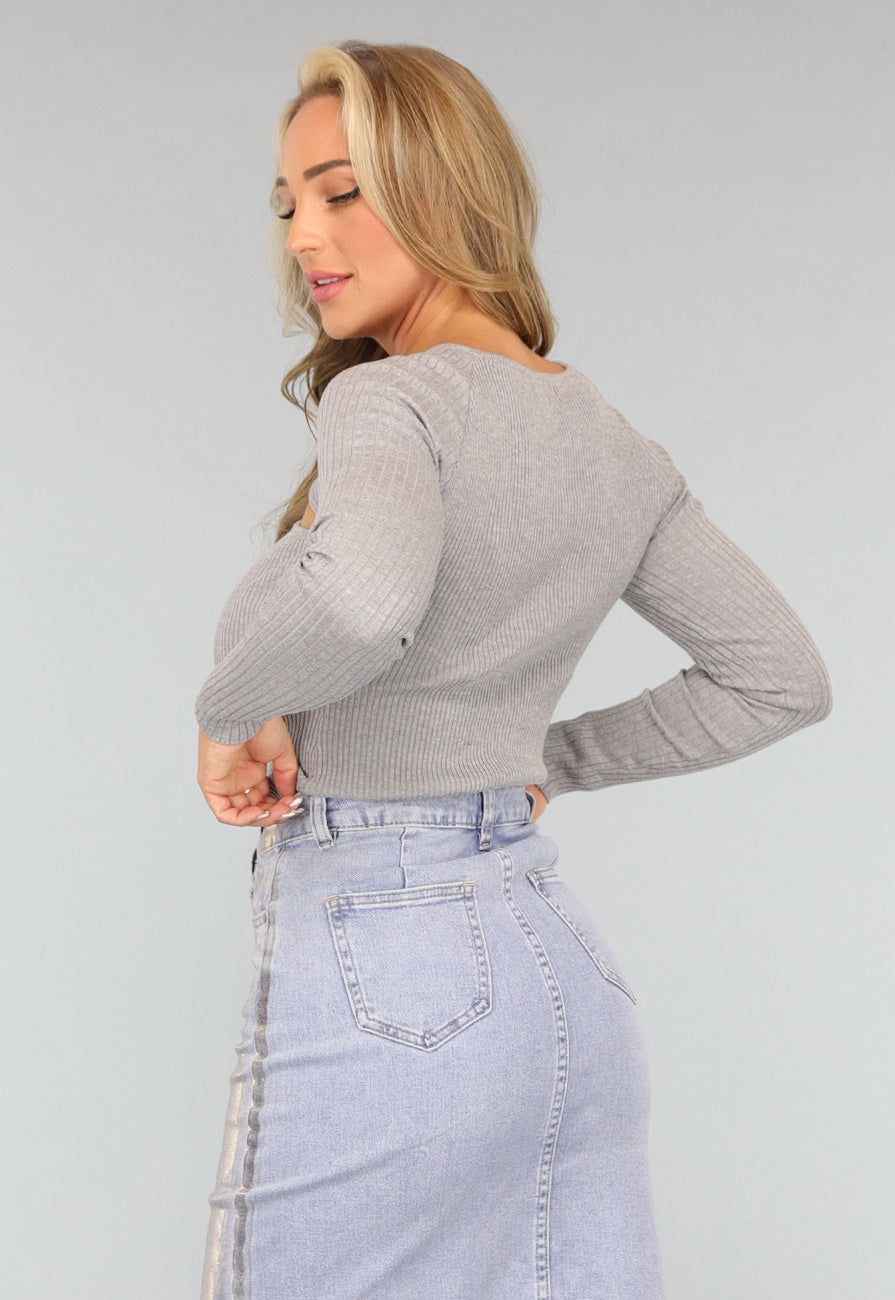 Grijze Lange Mouwen Top met Cutouts