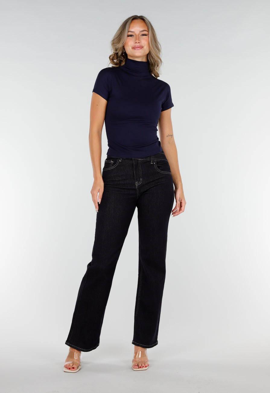 Navy Stretch Top met Col en Korte Mouwen