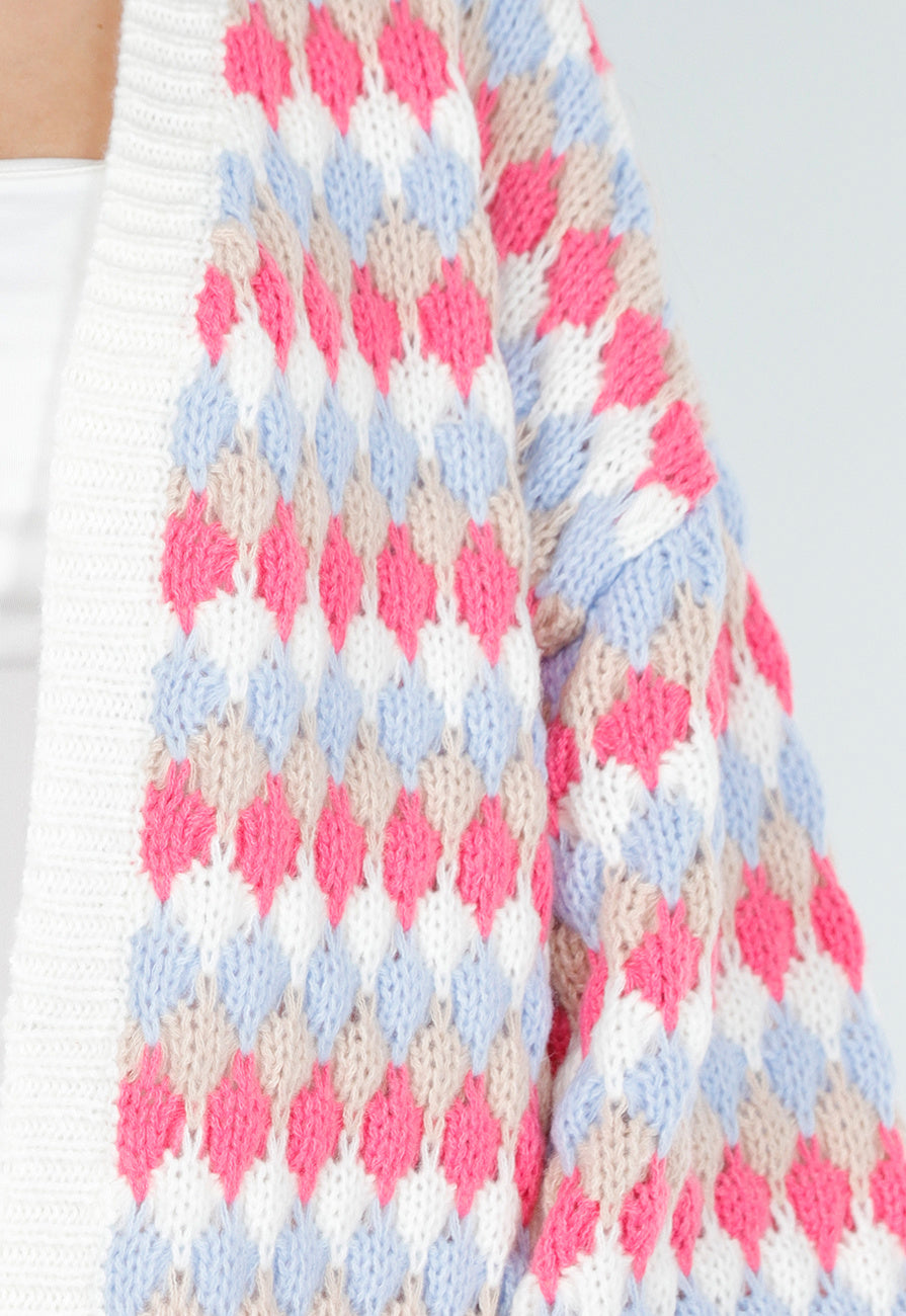 Gebreid Vest met Roze en Blauwe Ruitprint
