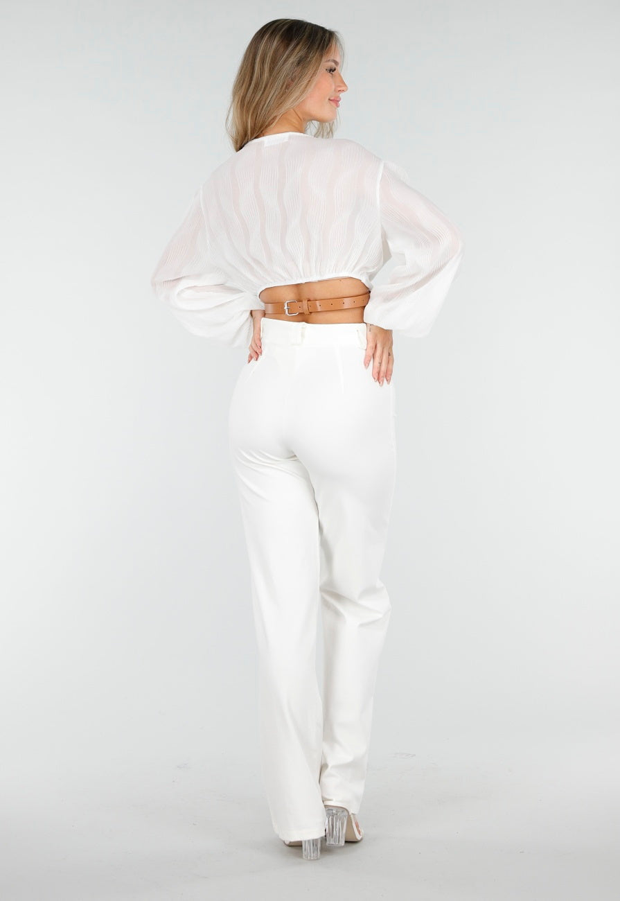 Witte Crop Blouse met V-Hals en Luchtige Mouwen