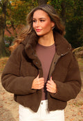 Bruine Teddy Puffer Jas met Hoge Kraag en Capuchon