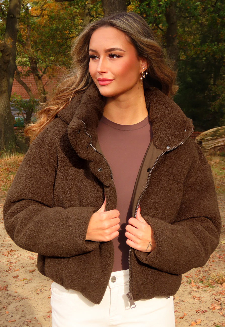 Bruine Teddy Puffer Jas met Hoge Kraag en Capuchon