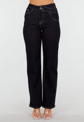 Donkerblauwe High Waist Overslag Wide Leg Jeans met Rechte Pijpen