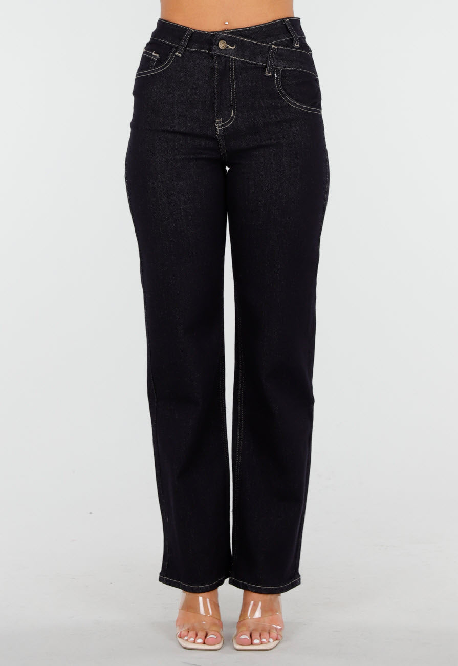 Donkerblauwe High Waist Overslag Wide Leg Jeans met Rechte Pijpen