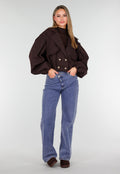 Donkerbruin Cropped Jasje met Pofmouwen en Gouden Knopen