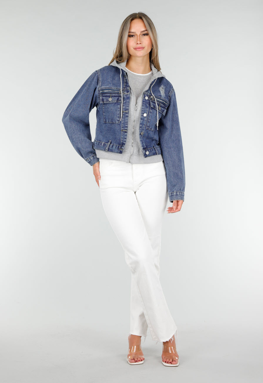 Blauwe Denim Jas met Grijze Capuchon en Zakken met Rits