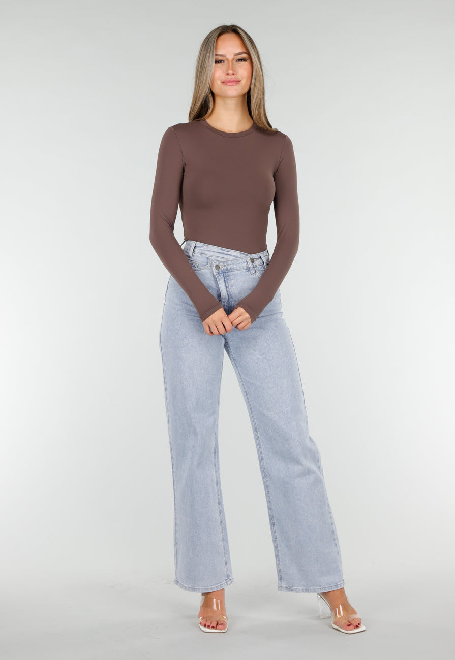 Bruine String Bodysuit met Lange Mouwen en Stretch