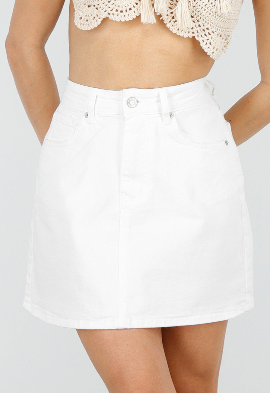 Witte Denim Mini Rok met Stretch en Steekzakken