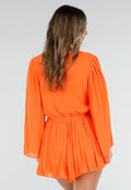 Oranje Playsuit met Lange Mouwen, V Hals en Geplooide Onderkant