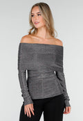 Zilveren Off Shoulder Top met Lange Mouwen