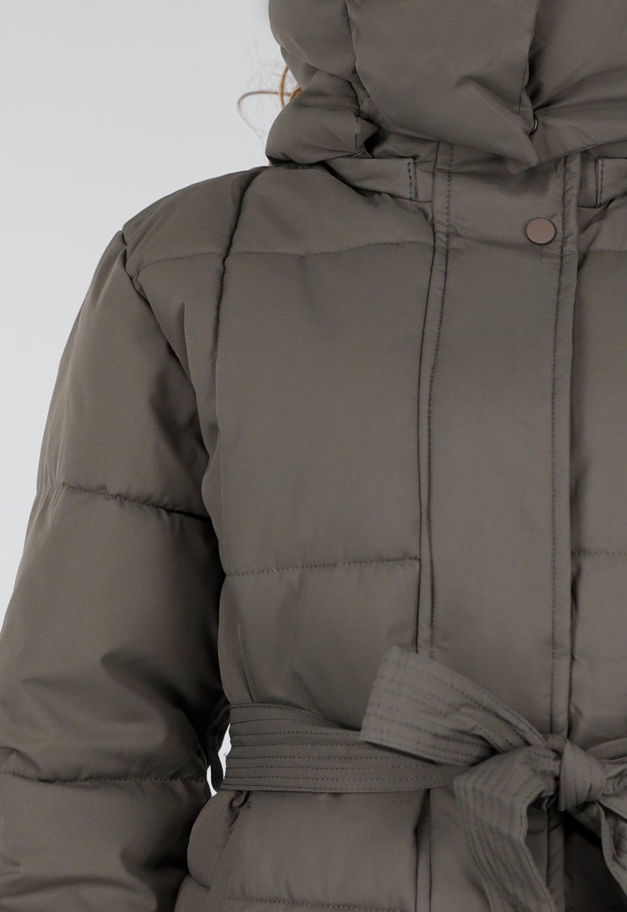 Khaki Gewatteerde Winterjas met Capuchon en Ceintuur