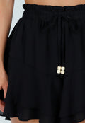 Zwarte Ruffle Skort met Elastische Taille en Strikkoord