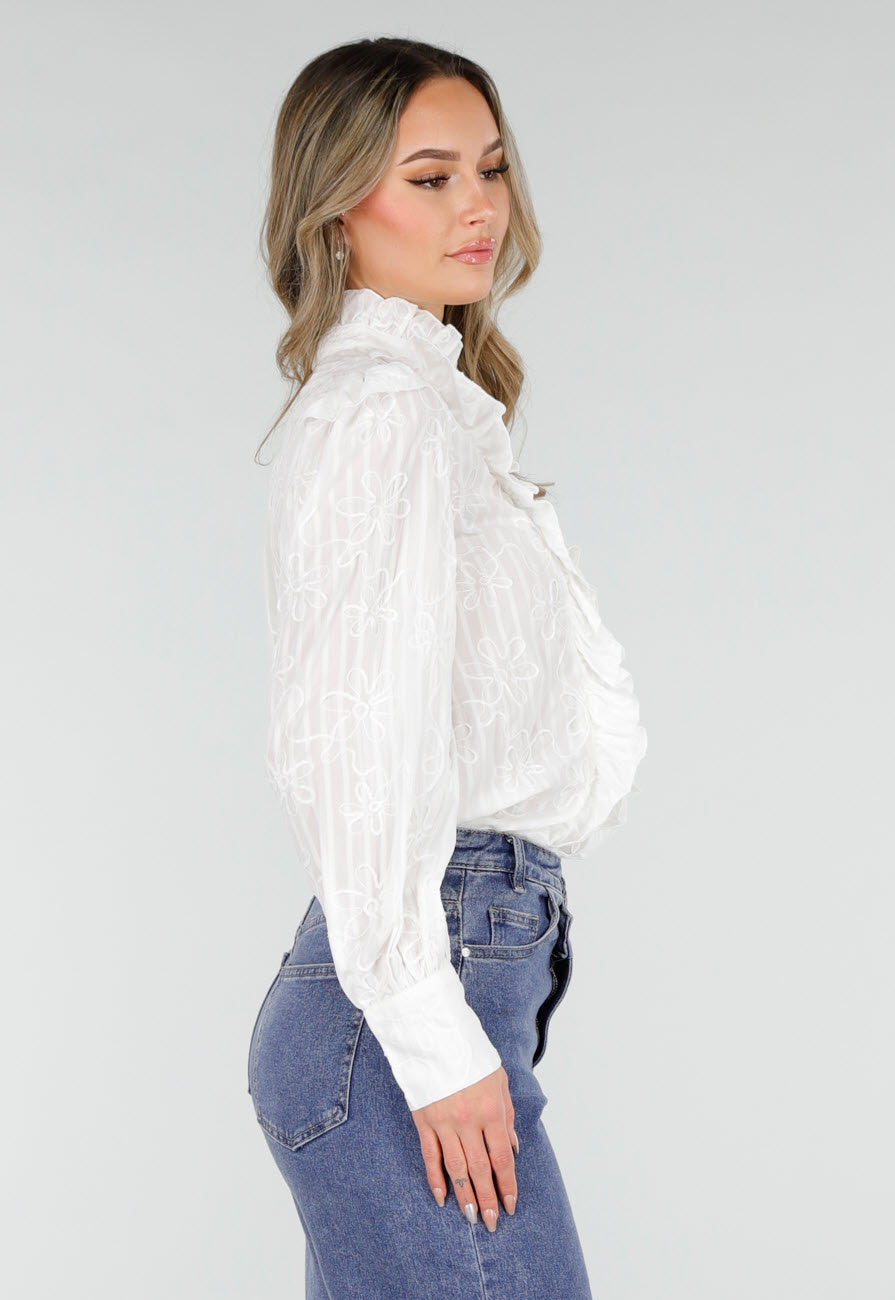 Witte Blouse met Ruches en Lange Mouwen