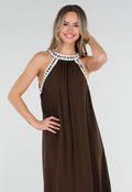 Bruine Maxi Halter Jurk met Witte Rand