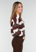 Bruin-Beige Gebreid Vest met Golvende Strepen en Hartvormige Knopen