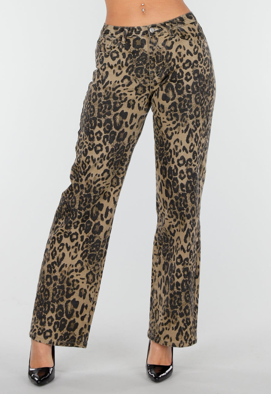 Bruine Luipaardprint Stretch Broek met Rechte Pijpen