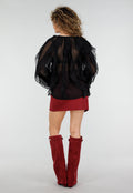 Zwarte Chiffon Blouse met Ruffle Details en Lange Mouwen